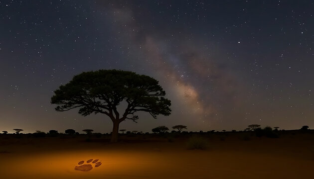Silhouetted Tree Beneath a Starry Night Sky with Glowing Paw Prints in the Foreground