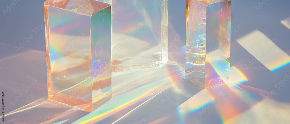 Aufkleber Display of glass prisms creating vibrant rainbow refractions on a smooth surface