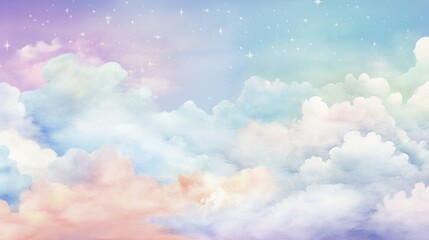 A serene sky filled with soft, pastel-colored clouds and a hint of sparkle.