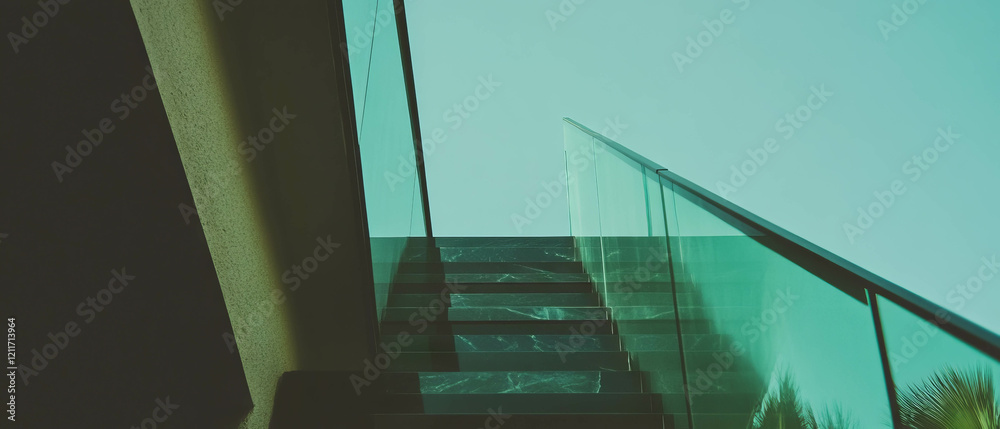 Poster geometric glass tiles create a smooth surface staircase leading to a bright space