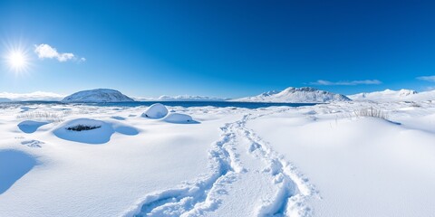 A snowy landscape with a blue sky and mountains in the background