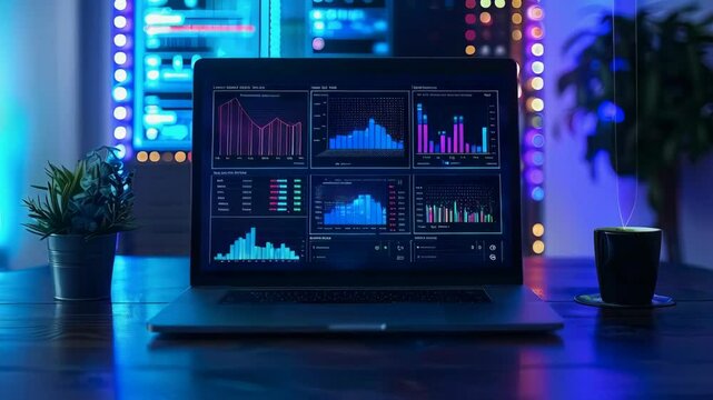 video of Laptop displaying charts and graphs for analyzing business accounting and statistics. Also, pertains to a modern UI/UX business website kit and admin interface