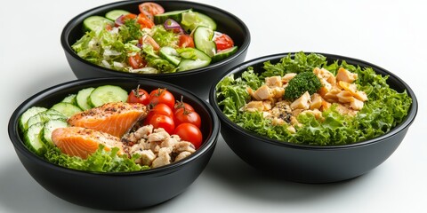 Three healthy bowls with various salads cucumber, tomato, grilled salmon, chicken, and lettuce.