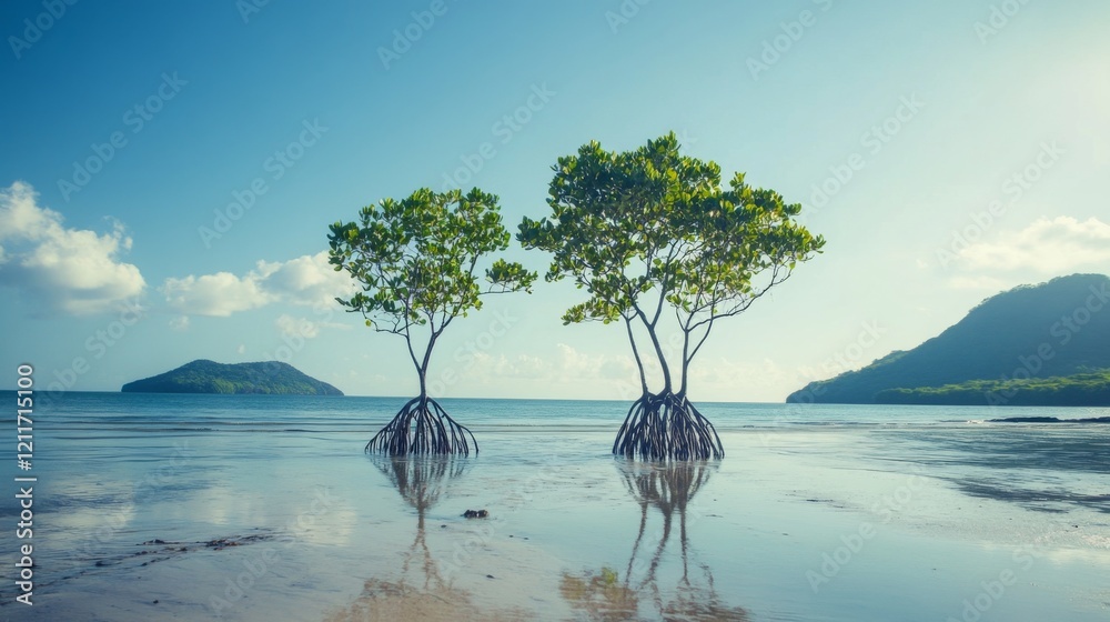 Poster a serene coastal view of mangrove trees standing tall in shallow water, with a backdrop of distant h