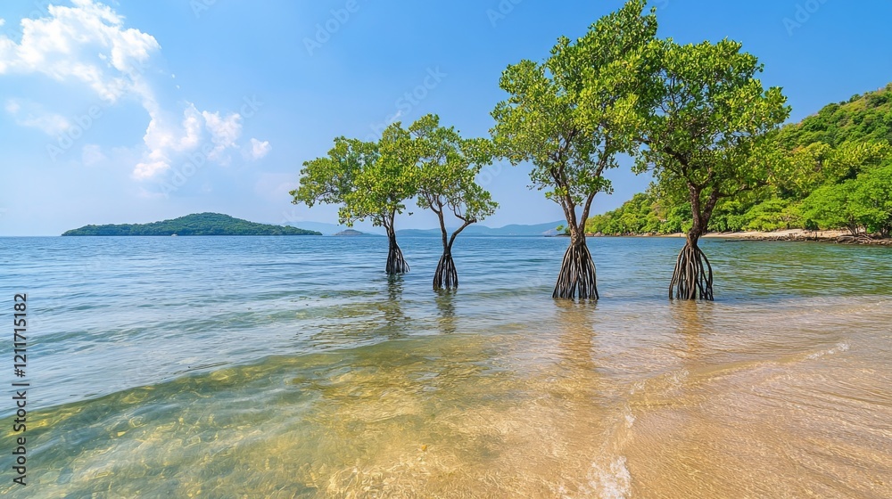 Poster a serene coastal view of mangrove trees standing tall in shallow water, with a backdrop of distant h