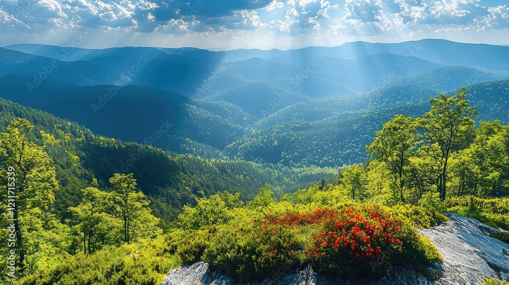 Poster panoramic view of the mountains with sunlight shining. deep in the mountains.
