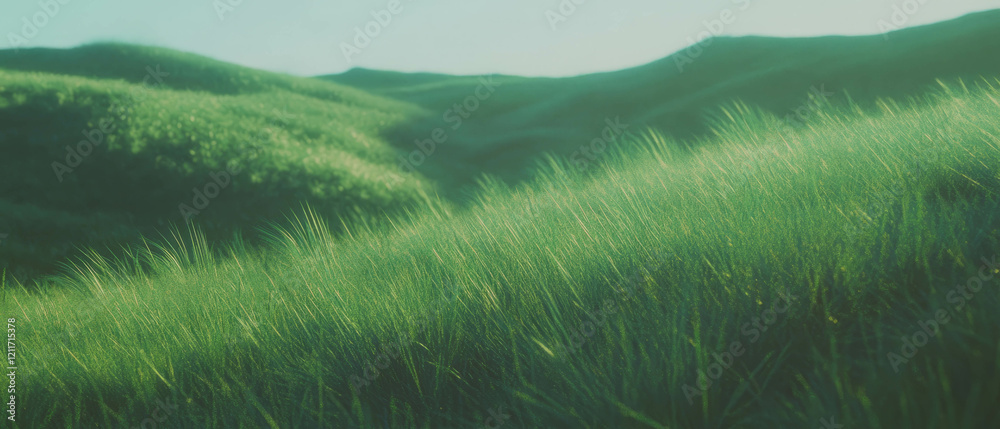Poster vast green fields with uniform texture under clear skies