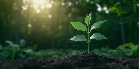 A small green plant is growing in the dirt