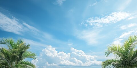 A clear blue sky with a few clouds and palm trees in the background