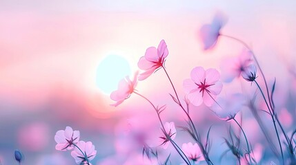 Obraz premium Pastel spring idea. Delicate flowers gently illuminated by the soft glow of a colorful sunset.