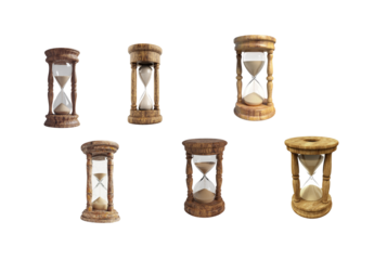 3D rendering of an old wooden hourglass with sand flowing inside white background