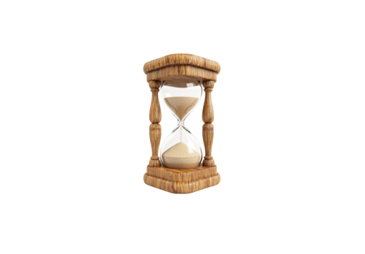 3D rendering of an old wooden hourglass with sand flowing inside white background