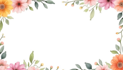 Fototapeta premium A seamless watercolor floral border with a variety of vibrant flowers and subtle greenery, designed to frame text or images on a white background