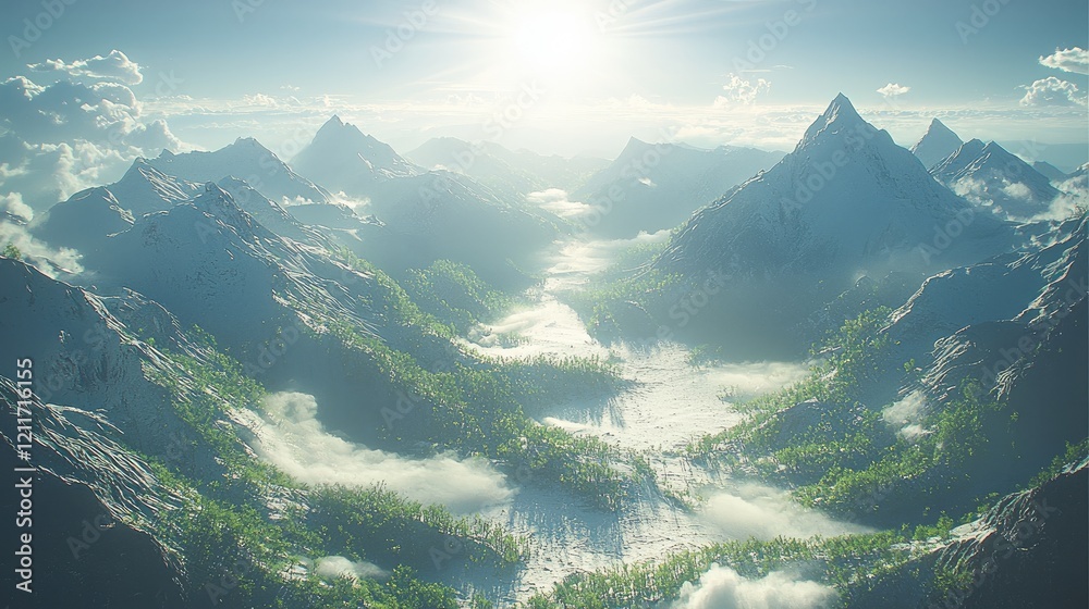 Poster panoramic view of the mountains with sunlight shining. deep in the mountains.