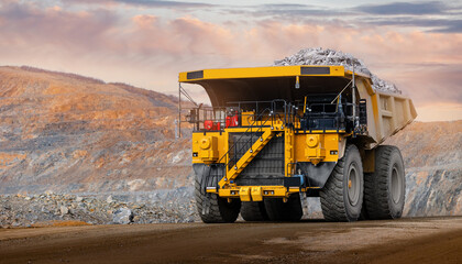 Big yellow mining truck for gold ore, sunset. Banner open pit mine industry