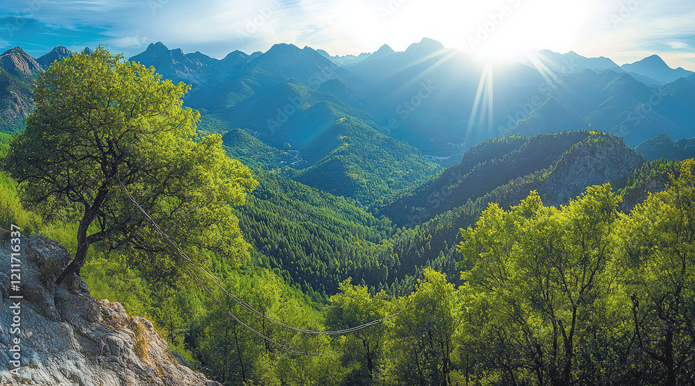 Poster panoramic view of the mountains with sunlight shining. deep in the mountains.