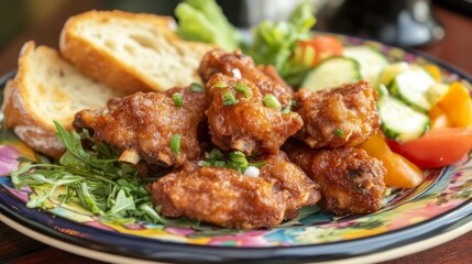A serving of succulent fried pork ribs on a colorful ceramic plate, with a side of garlic bread and fresh vegetables, emphasizing a delightful dinner experience.