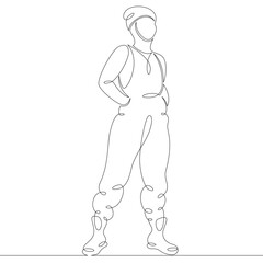 Young woman in a fashionable jumpsuit and hat. One continuous drawing line, logo single hand drawn art doodle isolated minimal illustration.