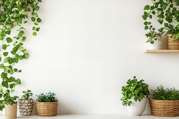 Bohemian style wicker basket planters with lush green indoor plants against a bright minimalist backdrop, perfect for interior design inspiration, home decor, or nature-themed projects