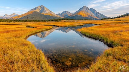 Obraz premium Autumnal mountain reflection in tranquil wetland