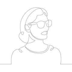Portrait of a young woman with luxurious long hair wearing sunglasses. One continuous drawing line, logo single hand drawn art doodle isolated minimal illustration.