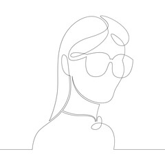 Portrait of a young woman with luxurious long hair wearing sunglasses. One continuous drawing line, logo single hand drawn art doodle isolated minimal illustration.