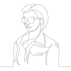 Portrait of a young woman with luxurious long hair wearing sunglasses. One continuous drawing line, logo single hand drawn art doodle isolated minimal illustration.