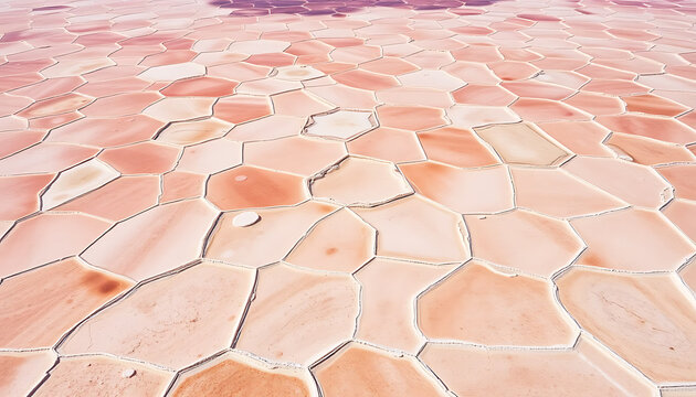 Dry, Cracked Pinkish Salt Flats with Geometric Patterns Under Clear Skies in an Expansive Arid Landscape
