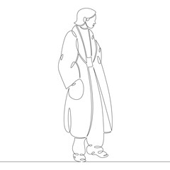Portrait of a young woman in a trendy modern coat. One continuous drawing line, logo single hand drawn art doodle isolated minimal illustration.
