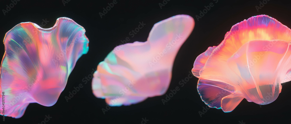 Poster Floating holographic projections displaying vibrant textures in a dark setting