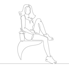 Young woman drinking coffee hot drink while sitting on the bench. One continuous drawing line, logo single hand drawn art doodle isolated minimal illustration.