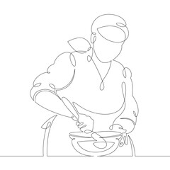 Young woman girl cook pastry chef prepares food in the kitchen. One continuous drawing line, logo single hand drawn art doodle isolated minimal illustration.