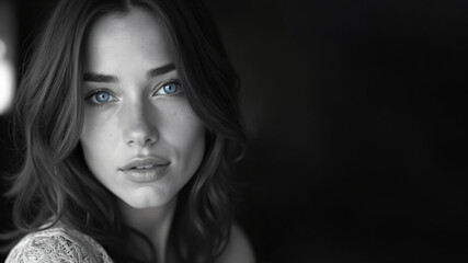 Fototapeta premium black and white portrait of a woman with bright blue eyes 