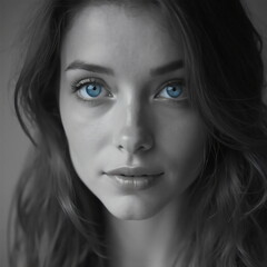 Fototapeta premium black and white portrait of a woman with bright blue eyes 