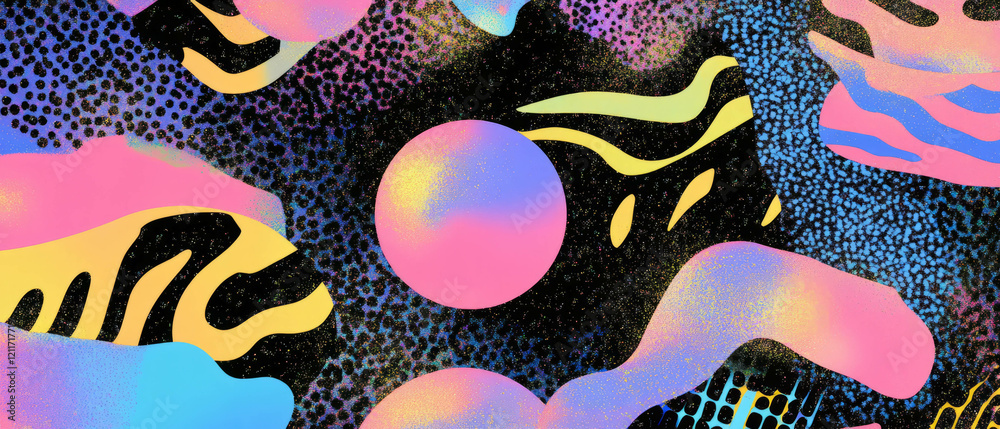 Poster Colorful holographic stickers with glitter and abstract patterns in vibrant designs