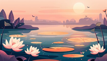 A peaceful lake with water lilies in bloom at sunset, with a bright sun and birds flying overhead.