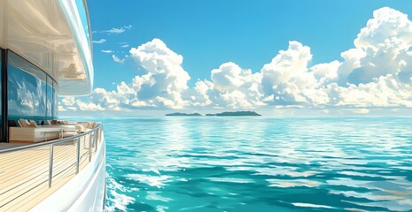 Obraz premium Luxury yacht sailing on tranquil turquoise waters with distant islands and fluffy clouds