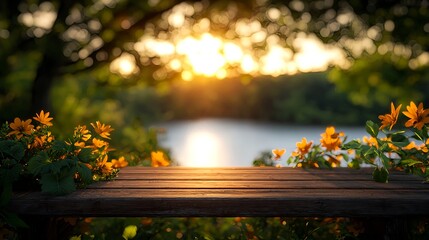 Serene Wooden Table Surrounded by Flowers and Nature at Sunset