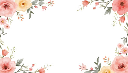 A seamless watercolor floral border with a variety of vibrant flowers and subtle greenery, designed to frame text or images on a white background