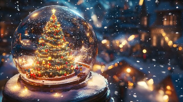 Illuminated Christmas Tree Inside A Snow Globe Winter Scene