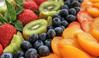 Colorful platter of fresh strawberries, kiwi, blueberries, and apricots.