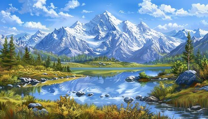 A serene mountain lake with snow-capped peaks reflected in its clear blue water. The sky is bright blue with fluffy white clouds.