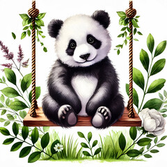 Obraz premium A beautiful watercolor painting featuring a panda swinging in a garden, creating a serene and calming atmosphere.