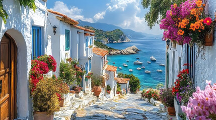 Fototapeta premium Embrace the allure of Mediterranean architecture with this enchanting image. A cluster of whitewashed houses adorned with colorful flowers overlooks a tranquil bay.