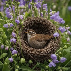 A wren’s nest nestled among sweet pea flowers.