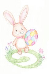 Fototapeta premium Cute rabbit holding a colorful Easter egg in a vibrant setting.