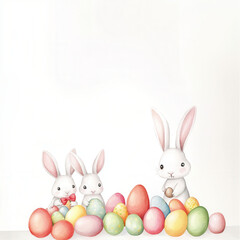 Cute rabbits with colorful Easter eggs on a white background.