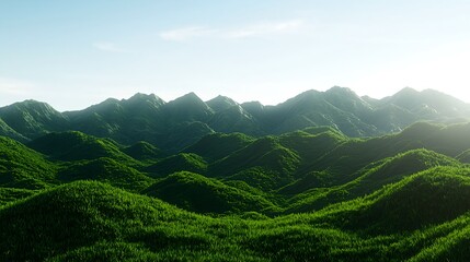Obraz premium Lush Green Mountain Landscape with Rolling Hills and Clear Sky