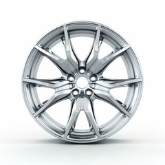 Naklejka premium Chrome alloy wheel rim with innovative design stands on white background, showcasing modern automotive aesthetics