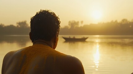 Serene Sunrise Reflection Over River with Person Contemplating the Day Ahead and a Boat Silhouetted in the Distance Against a Golden Horizon